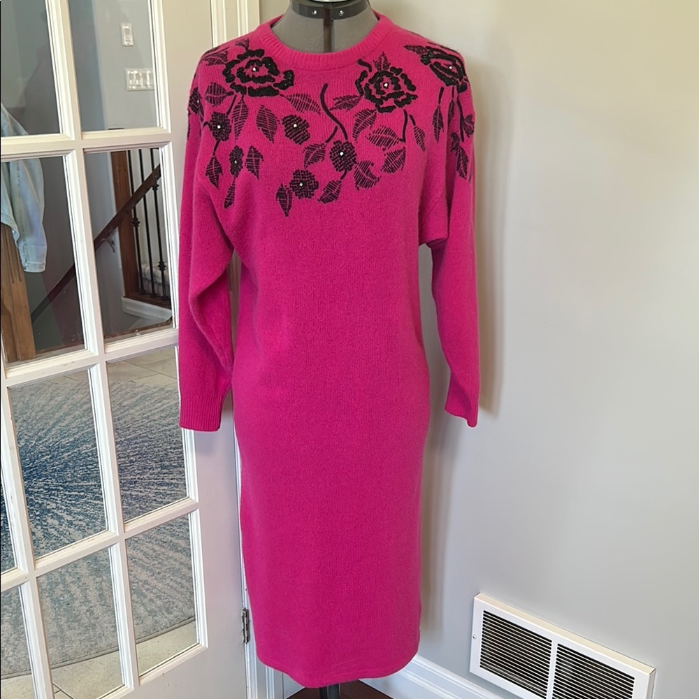Magnolia Pink and Black Lambswool / Angora Long Sleeve Dress